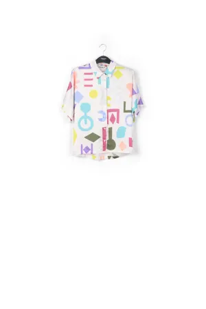 White abstract-printed satin shirt