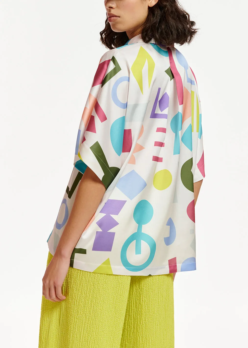 White abstract-printed satin shirt