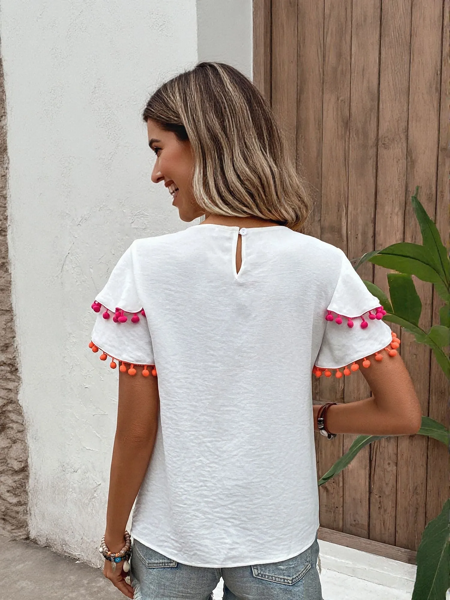 White Flared Sleeve Top With Lace Details