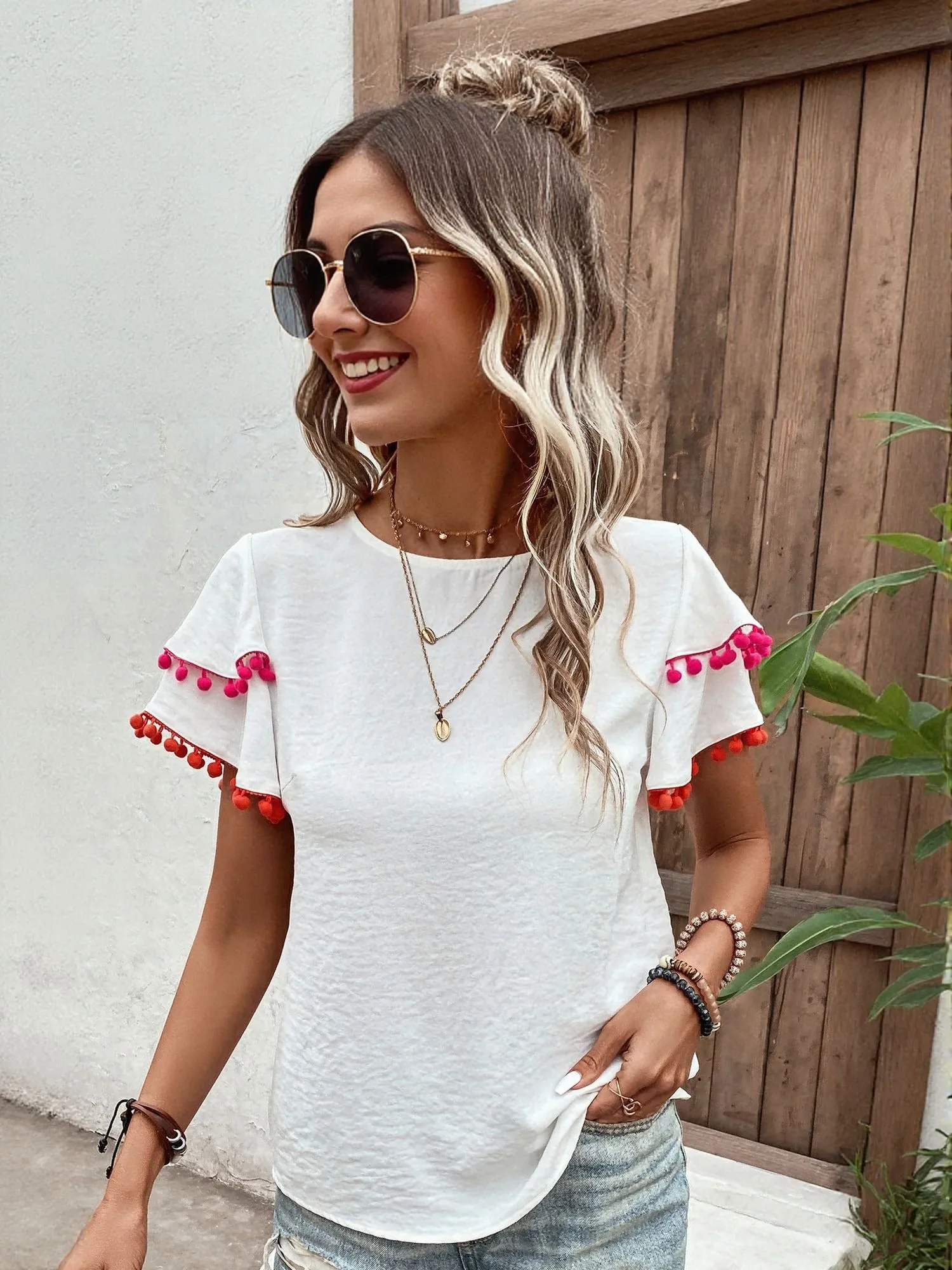 White Flared Sleeve Top With Lace Details