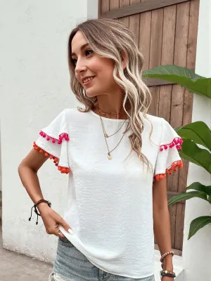 White Flared Sleeve Top With Lace Details