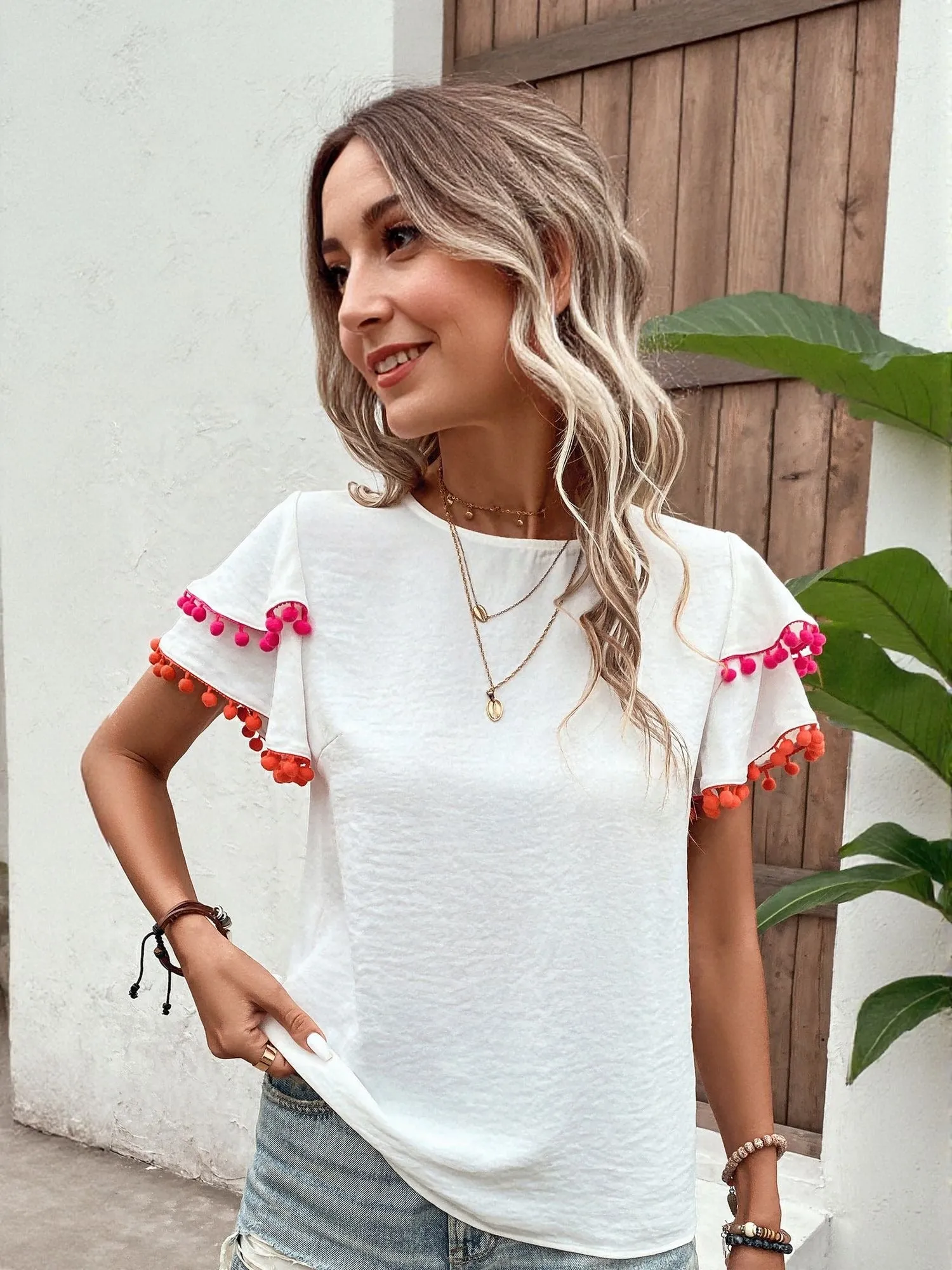 White Flared Sleeve Top With Lace Details