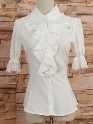 White Middle Sleeves Lolita Blouse with Lapel and Ruffles
