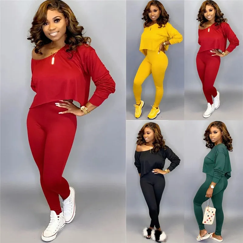 Women 2 Pieces Outfits Set Tracksuit Long Sleeve Off Shoulder  Waist Pants Sets