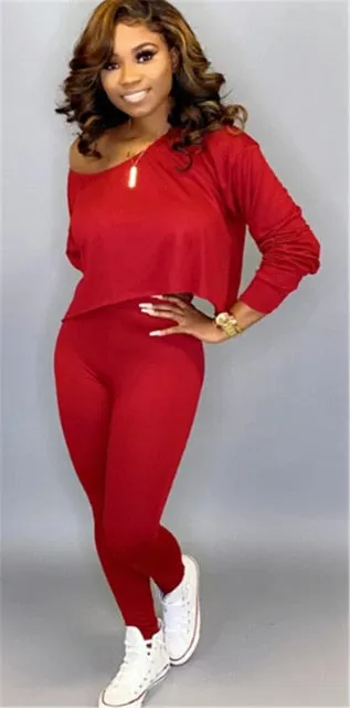 Women 2 Pieces Outfits Set Tracksuit Long Sleeve Off Shoulder  Waist Pants Sets