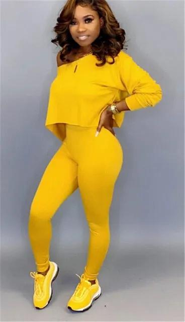 Women 2 Pieces Outfits Set Tracksuit Long Sleeve Off Shoulder  Waist Pants Sets