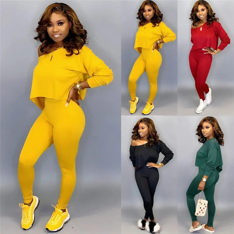 Women 2 Pieces Outfits Set Tracksuit Long Sleeve Off Shoulder  Waist Pants Sets