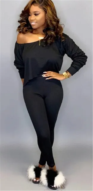 Women 2 Pieces Outfits Set Tracksuit Long Sleeve Off Shoulder  Waist Pants Sets