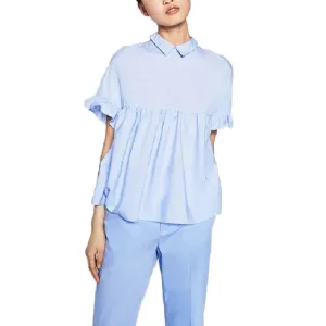women elegant butterfly sleeve loose pleated cute shirts pleated blue back bow short sleeve blouse summer casual tops DT729