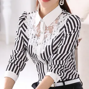 Women Lace Blouses Long Sleeve Lapel Striped Shirt Casual Fashion OL Work Tops