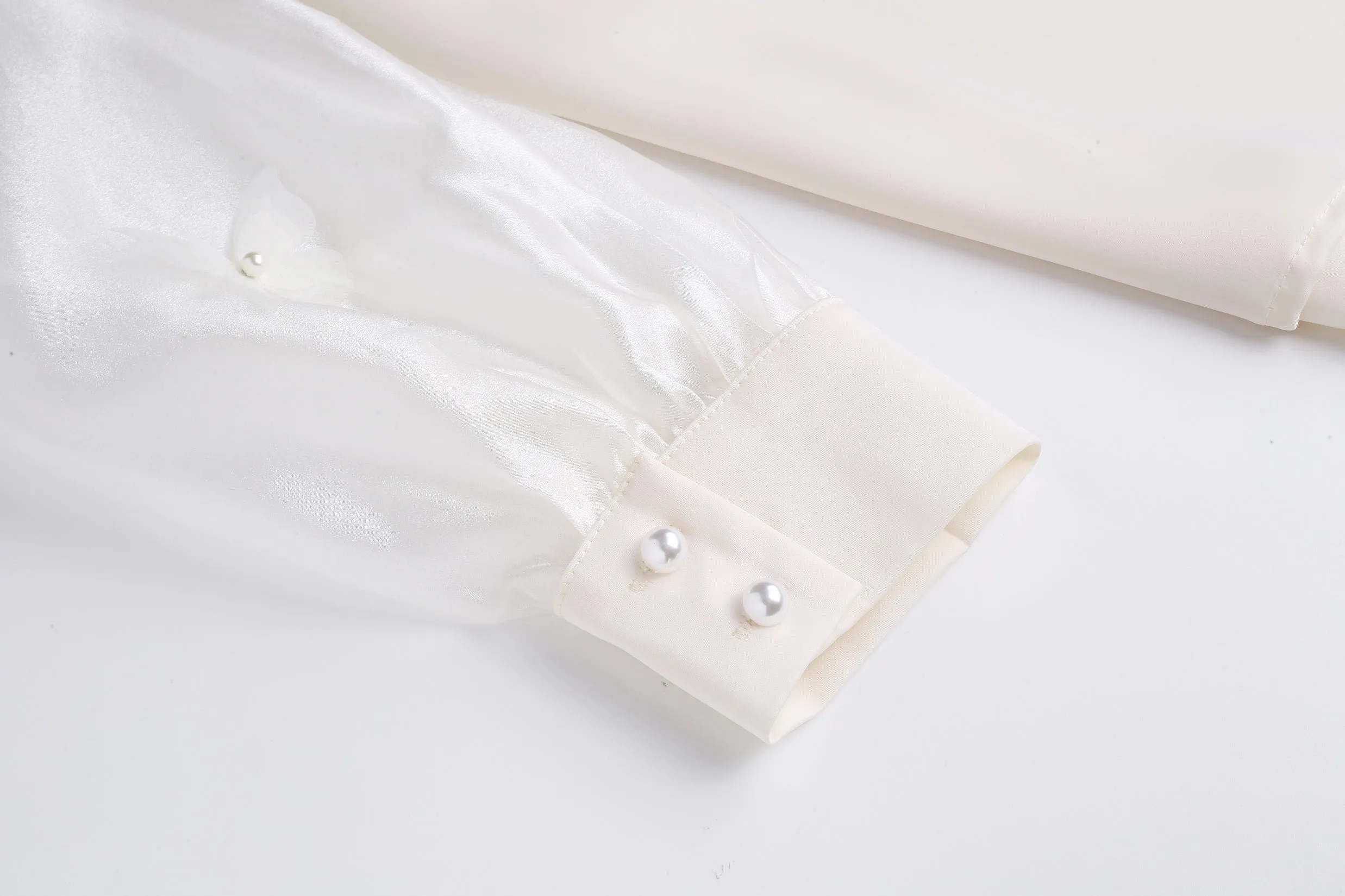 Women's Bateau Neckline Blouse in Cream with Mesh and Lace Accents