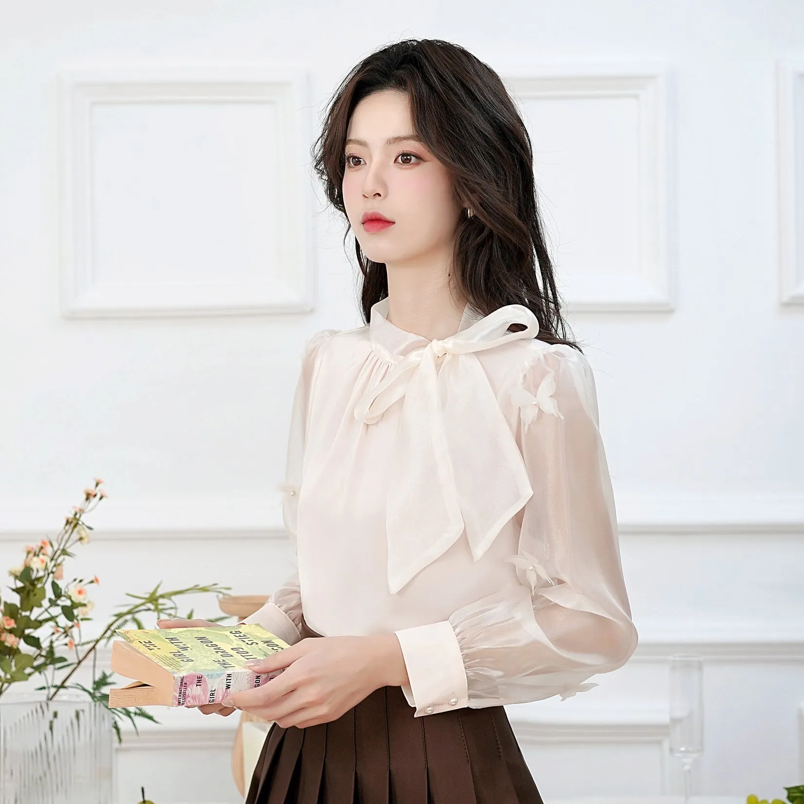 Women's Bateau Neckline Blouse in Cream with Mesh and Lace Accents