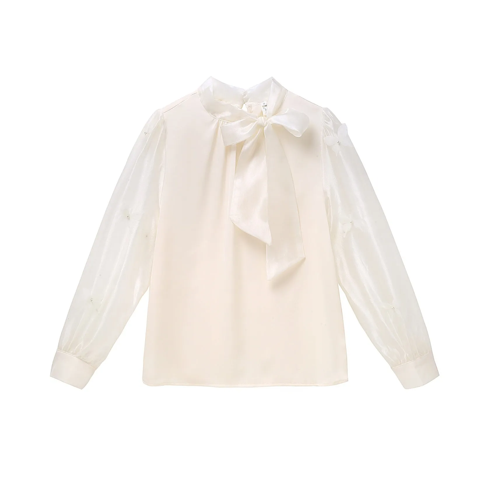 Women's Bateau Neckline Blouse in Cream with Mesh and Lace Accents