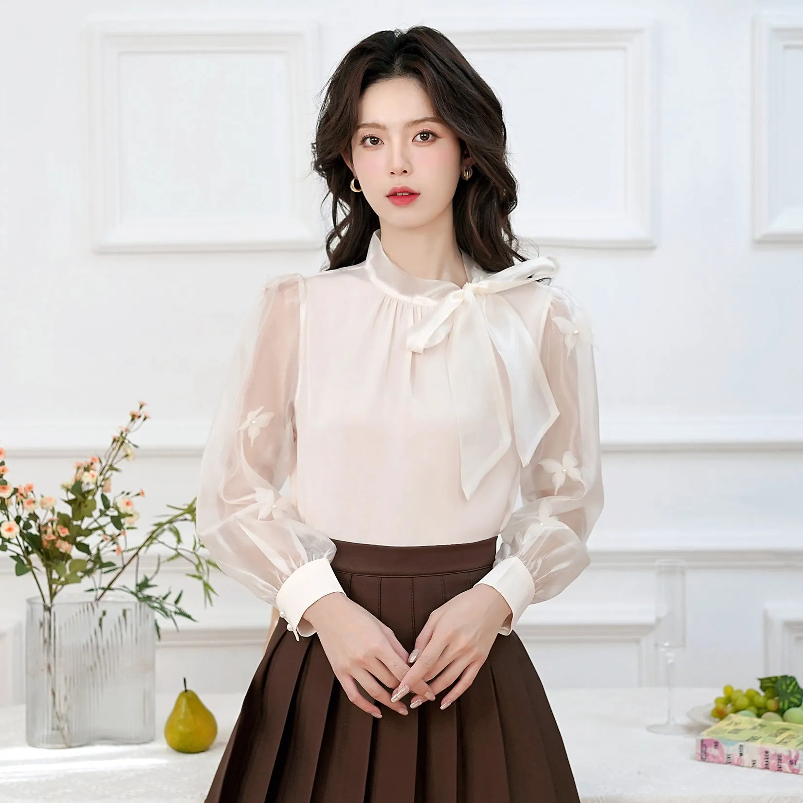 Women's Bateau Neckline Blouse in Cream with Mesh and Lace Accents