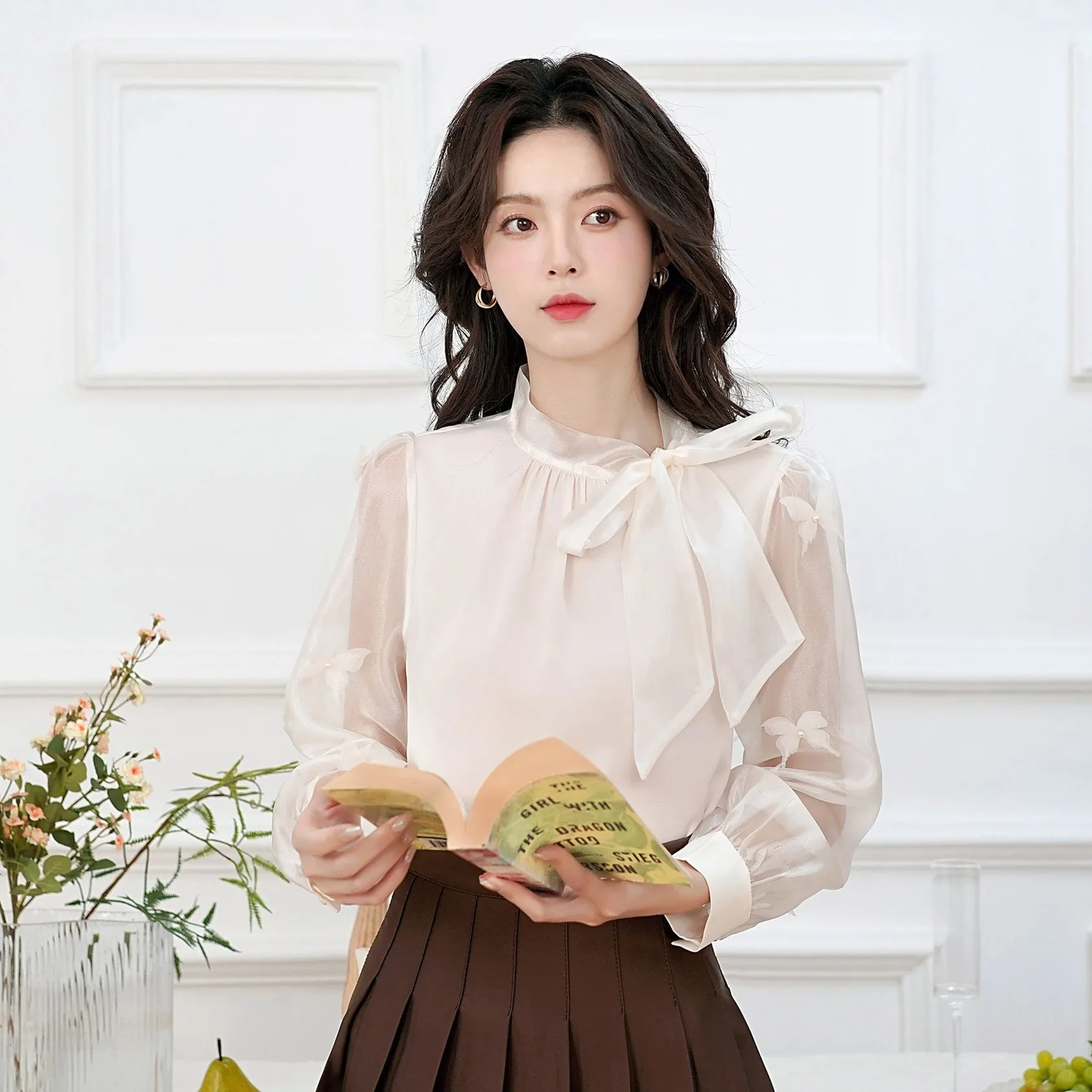 Women's Bateau Neckline Blouse in Cream with Mesh and Lace Accents