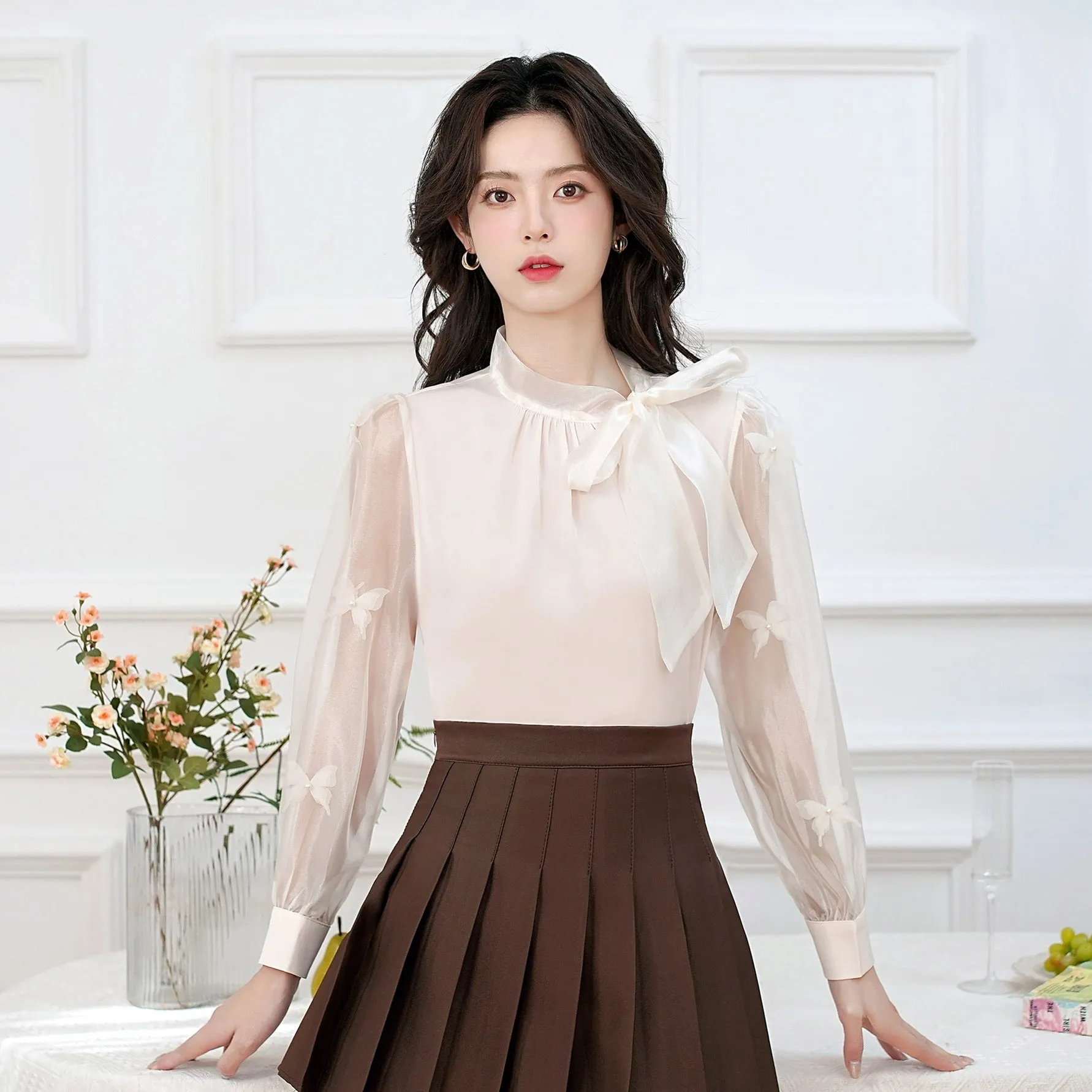 Women's Bateau Neckline Blouse in Cream with Mesh and Lace Accents