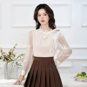 Women's Bateau Neckline Blouse in Cream with Mesh and Lace Accents