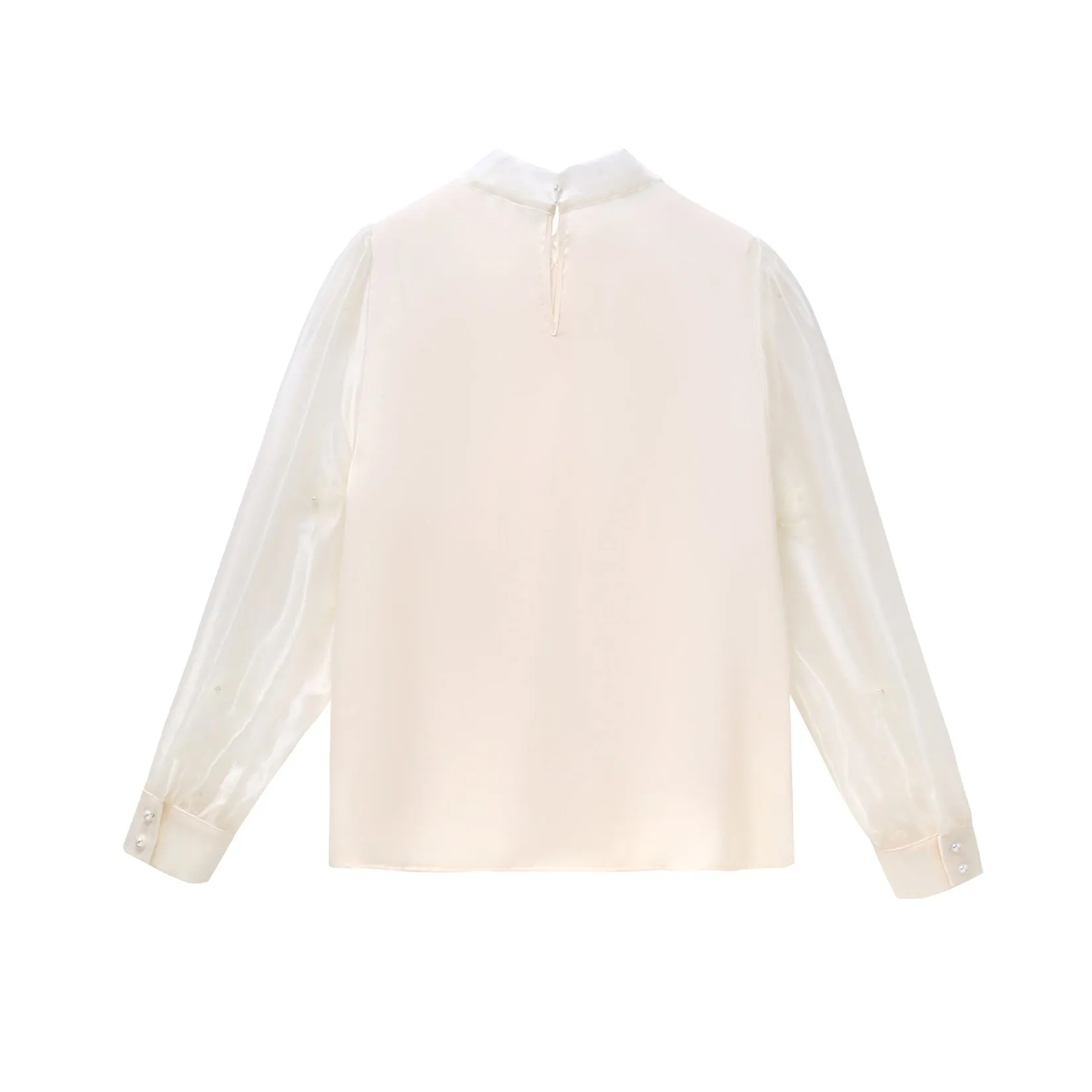 Women's Bateau Neckline Blouse in Cream with Mesh and Lace Accents