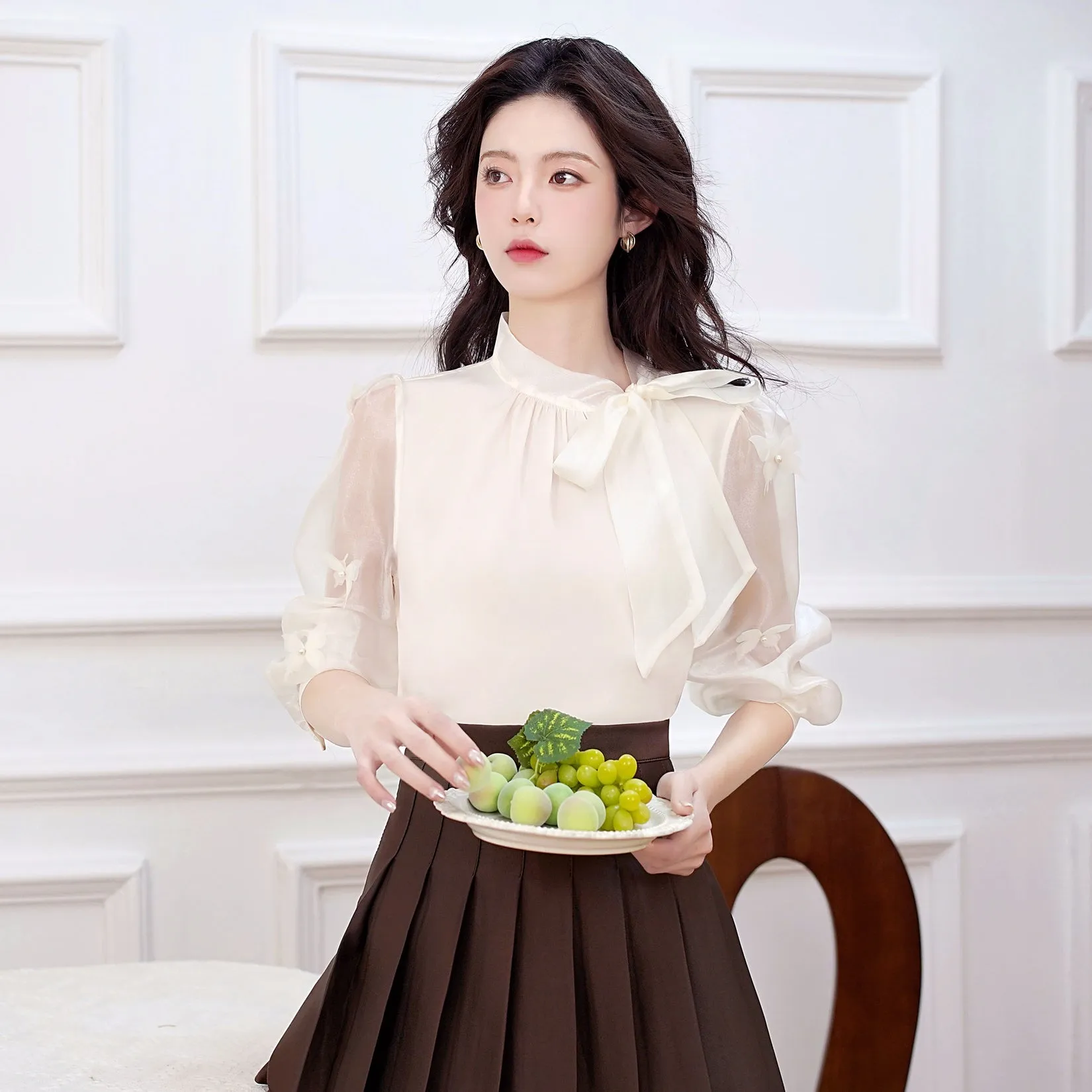 Women's Bateau Neckline Blouse in Cream with Mesh and Lace Accents