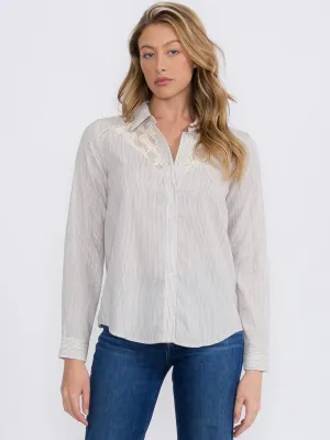 WOMEN'S LONG SLEEVE BUTTON CLOSURE LACE STRIPES BLOUSE