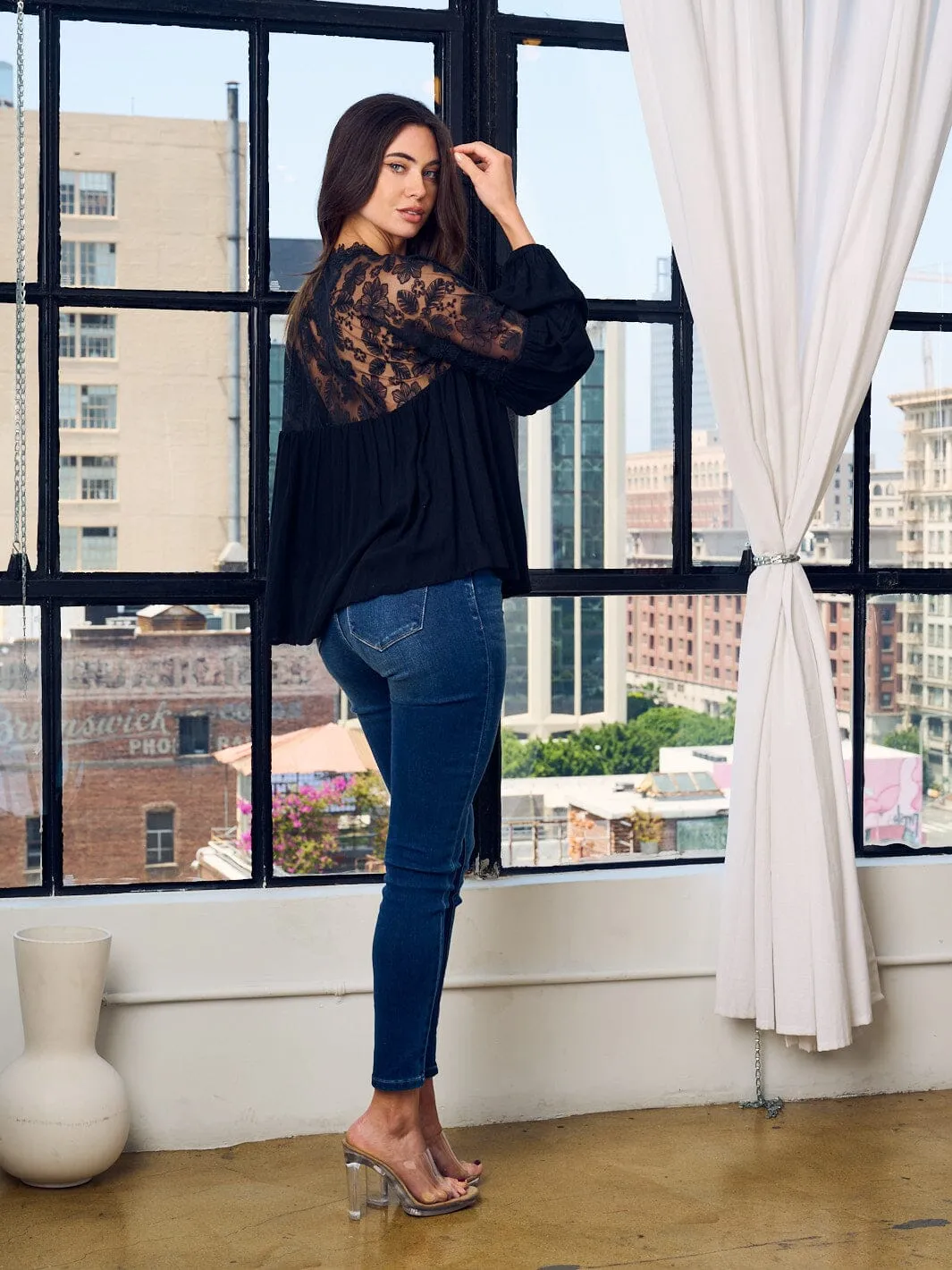 WOMEN'S LONG SLEEVE BUTTON UP LACE BLOUSE TOP