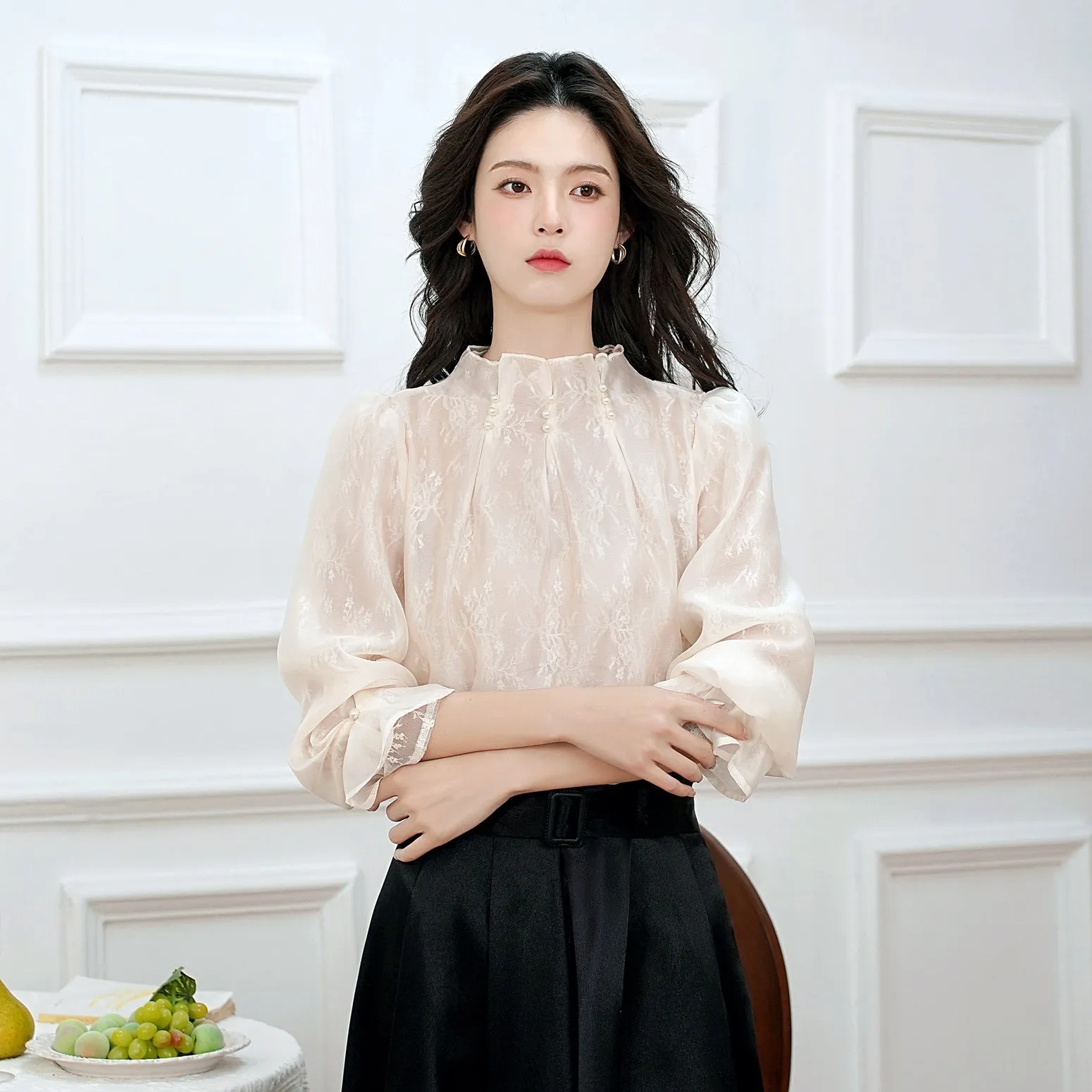 Women's Long Sleeve Solid Color Blouse with Stand-Up Collar