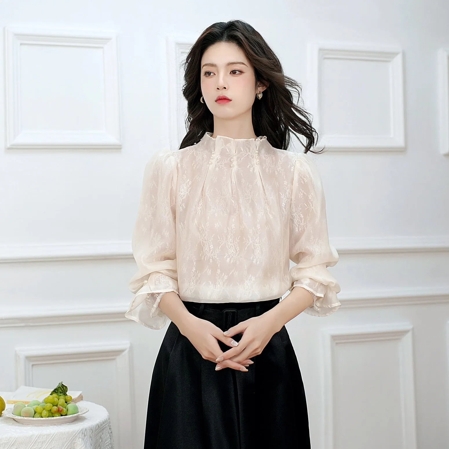 Women's Long Sleeve Solid Color Blouse with Stand-Up Collar