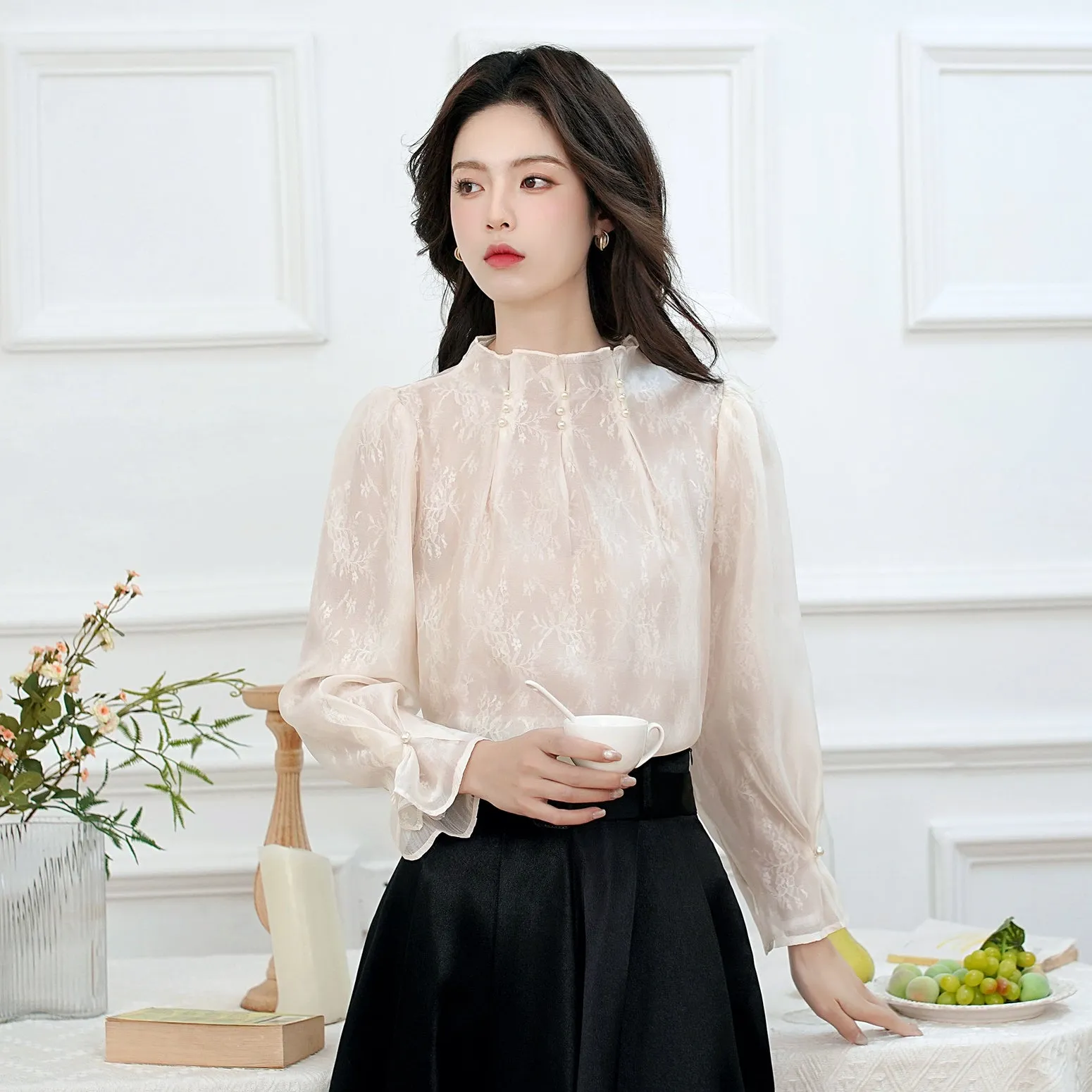 Women's Long Sleeve Solid Color Blouse with Stand-Up Collar