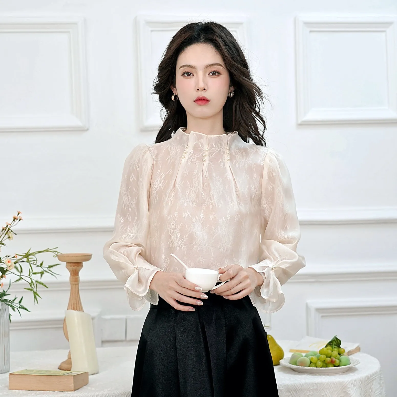Women's Long Sleeve Solid Color Blouse with Stand-Up Collar