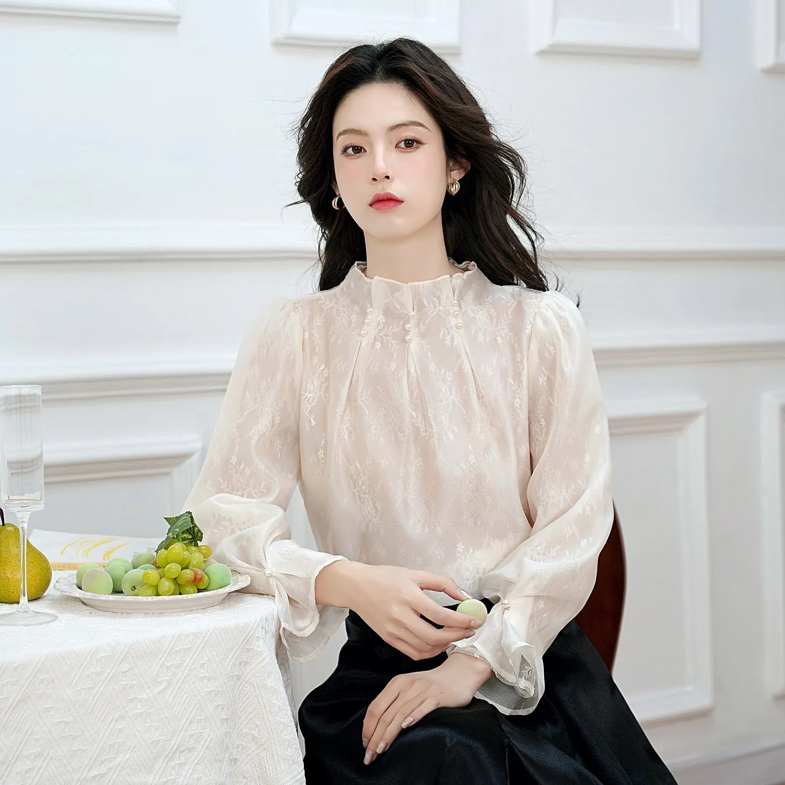 Women's Long Sleeve Solid Color Blouse with Stand-Up Collar