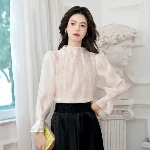 Women's Long Sleeve Solid Color Blouse with Stand-Up Collar