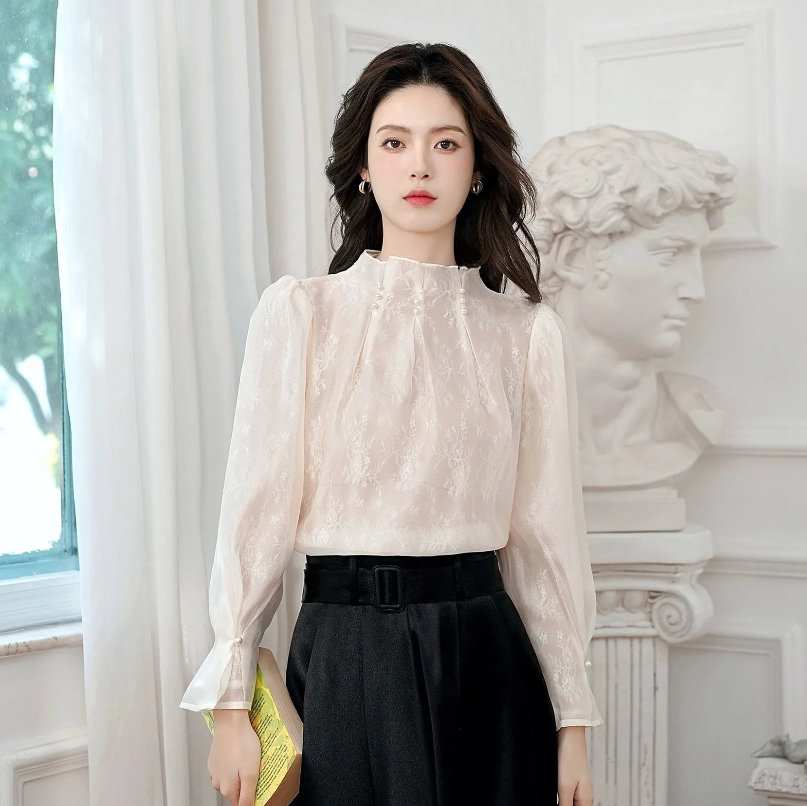 Women's Long Sleeve Solid Color Blouse with Stand-Up Collar