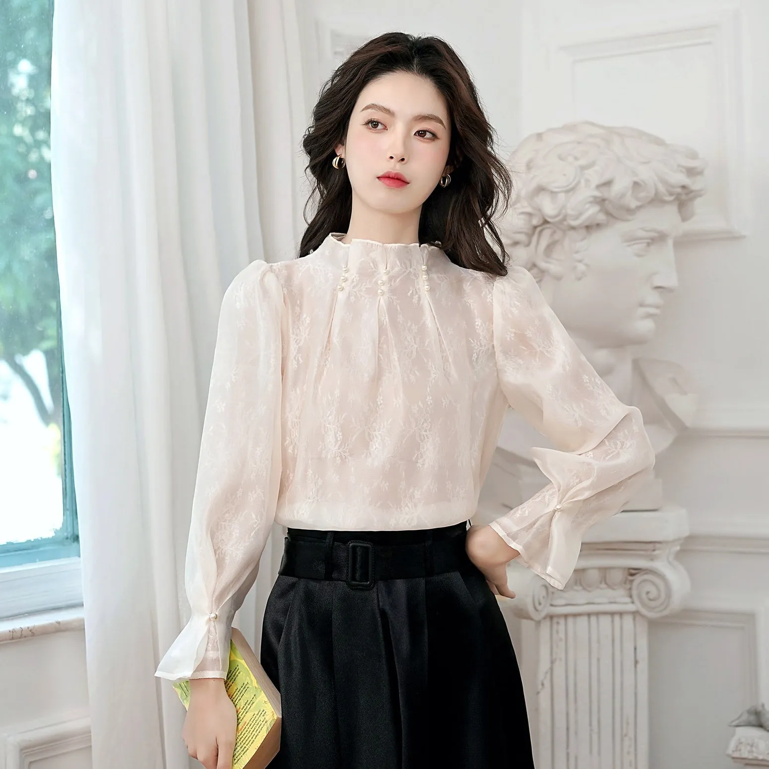 Women's Long Sleeve Solid Color Blouse with Stand-Up Collar