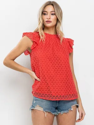 WOMEN'S RUFFLE SLEEVE MOCK NECK LACE BLOUSE TOP