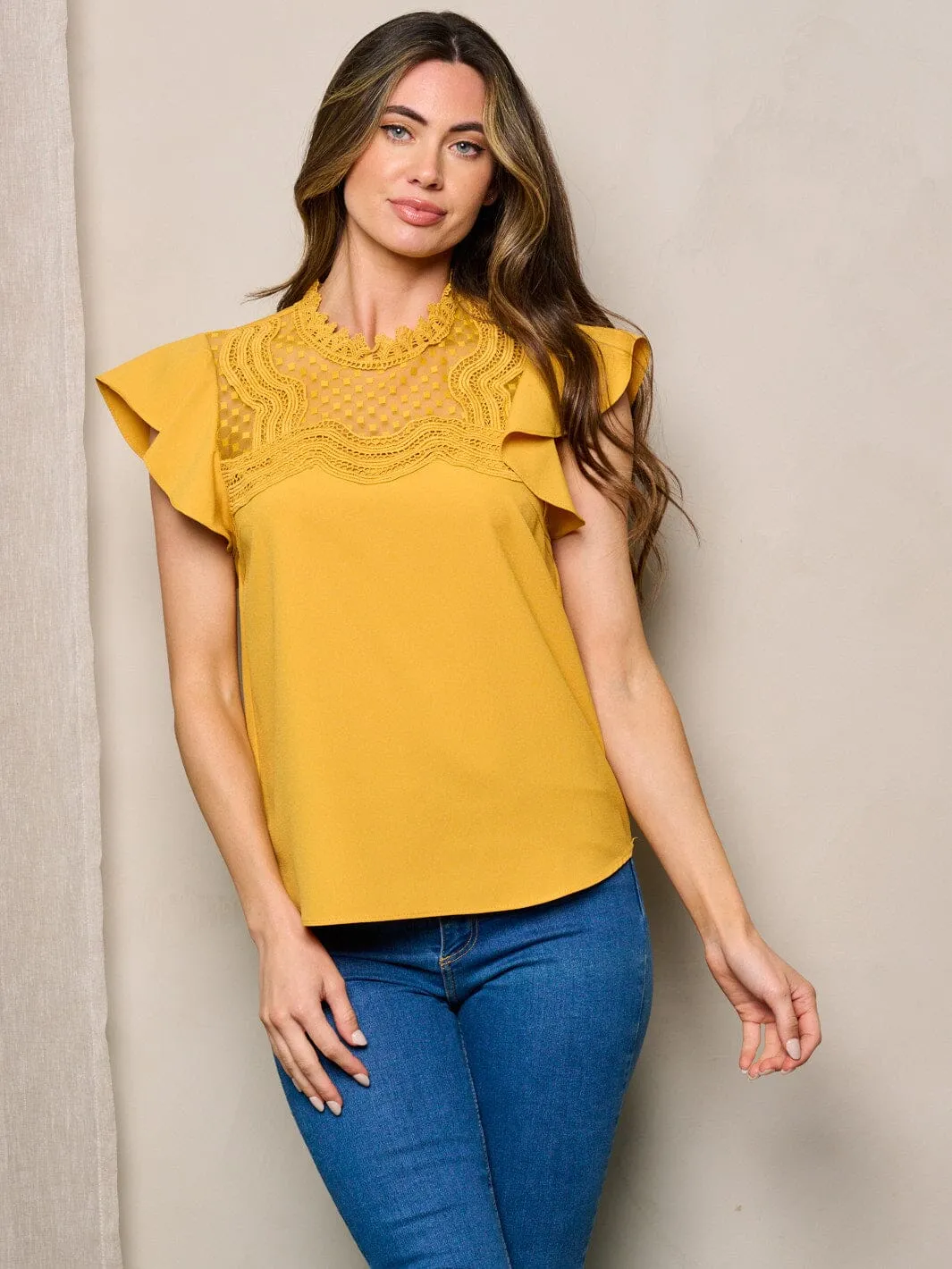WOMEN'S SHORT RUFFLE SLEEVES FRONT DETAILED BLOUSE TOP