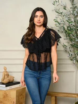 WOMEN'S SHORT SLEEVE RUFFLE LACE TOP