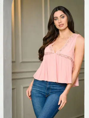 WOMEN'S SLEEVELESS V-NECK LACE TRIM BABYDOLL TOP