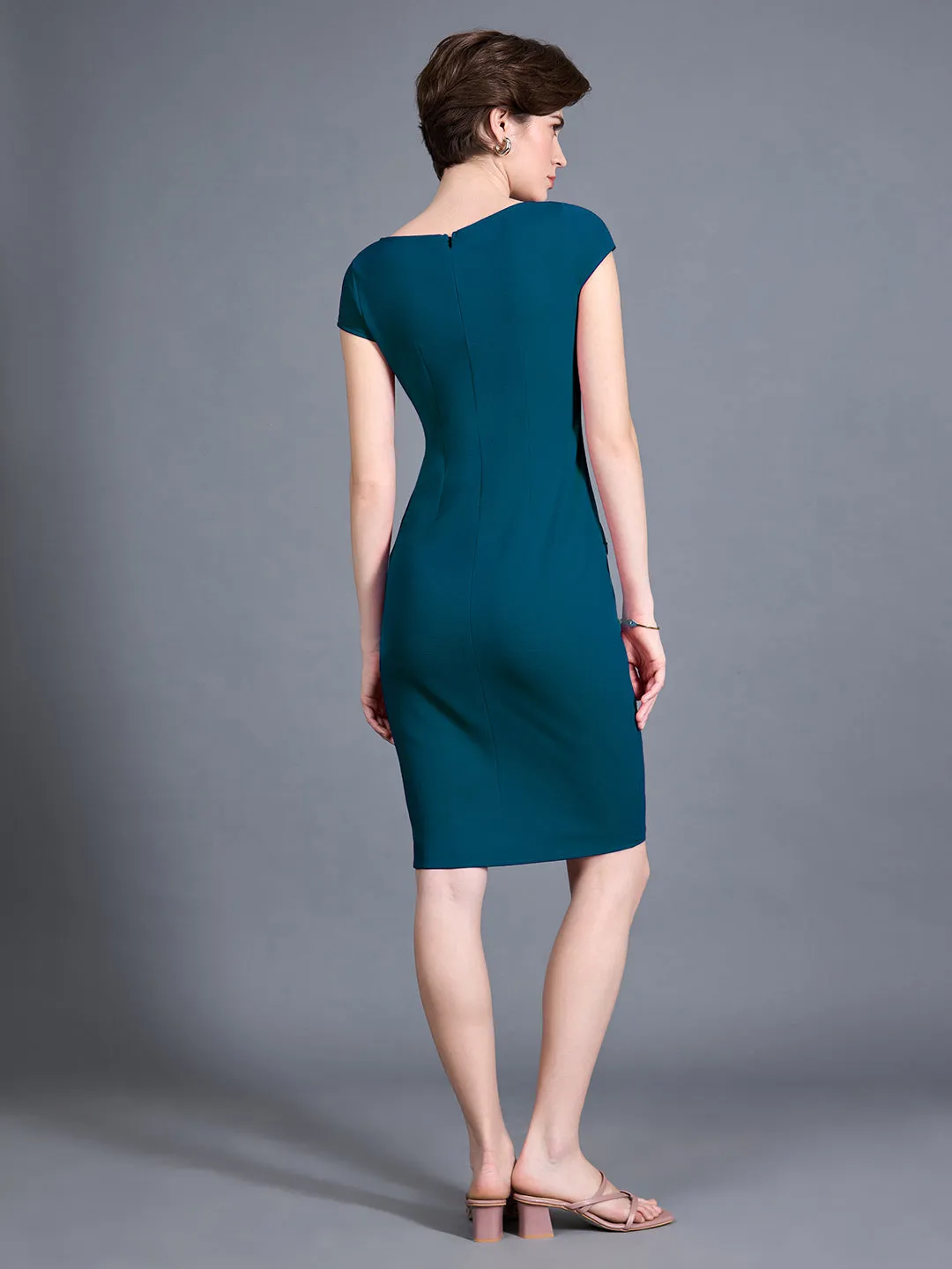 Women's Teal V-Neck Cap Sleeve Solid Wrapped Polyester Knee-Long Dress