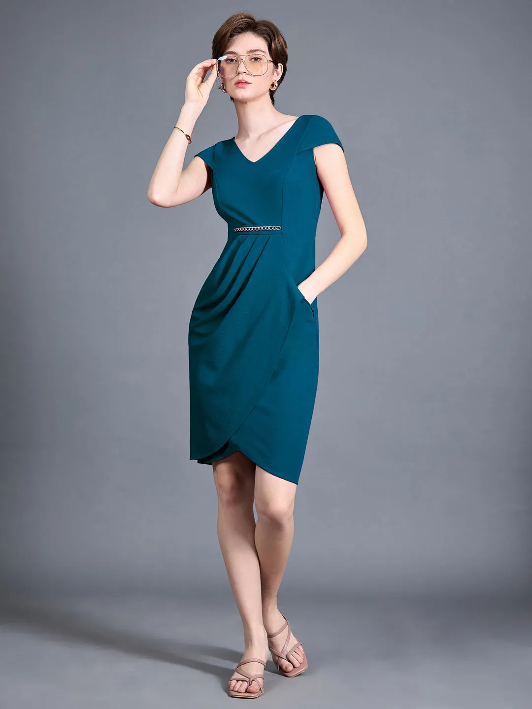 Women's Teal V-Neck Cap Sleeve Solid Wrapped Polyester Knee-Long Dress