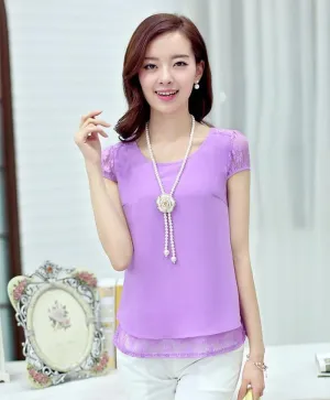 Womens Tops White Tees Crochet Lace Floral Shoulder Sleeve Loose Chiffon Blouses Female Shirts