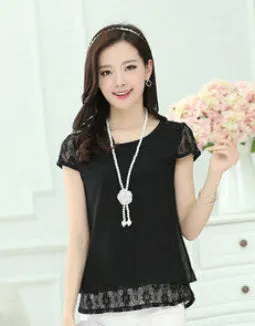 Womens Tops White Tees Crochet Lace Floral Shoulder Sleeve Loose Chiffon Blouses Female Shirts