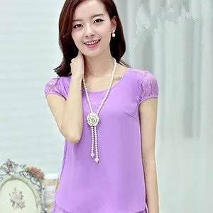 Womens Tops White Tees Crochet Lace Floral Shoulder Sleeve Loose Chiffon Blouses Female Shirts