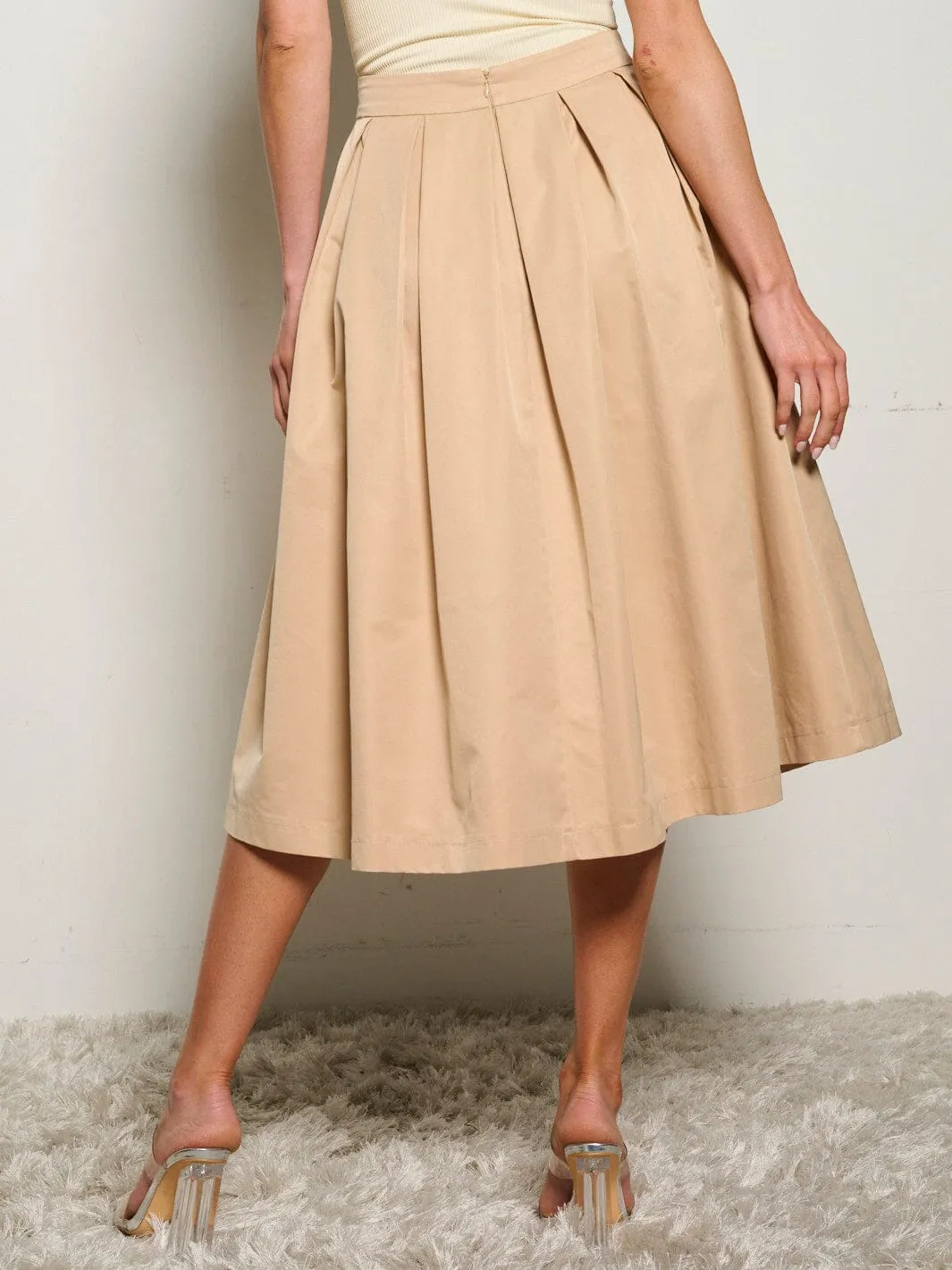 WOMEN'S ZIP UP FRONT POCKET PLEATED MIDI SKIRT
