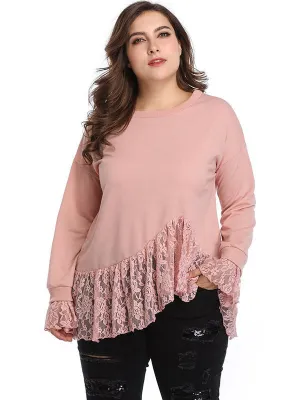 XL fashion irregular lace stitching long-sleeved T-shirt