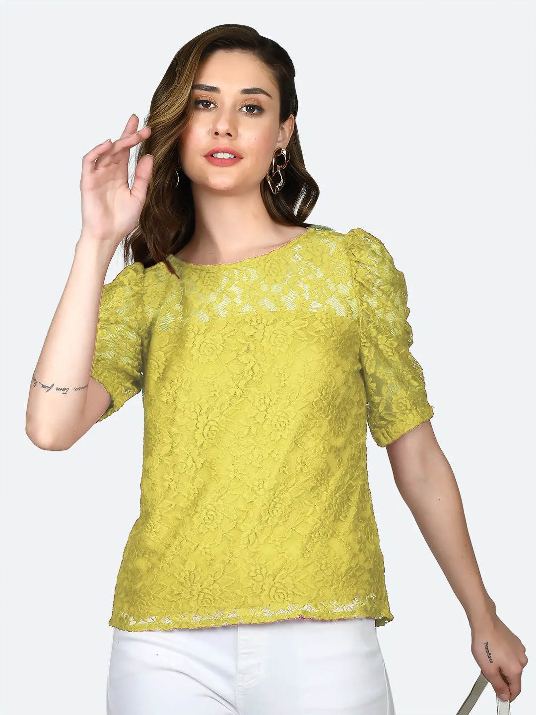 Yellow Lace Round Neck Top
