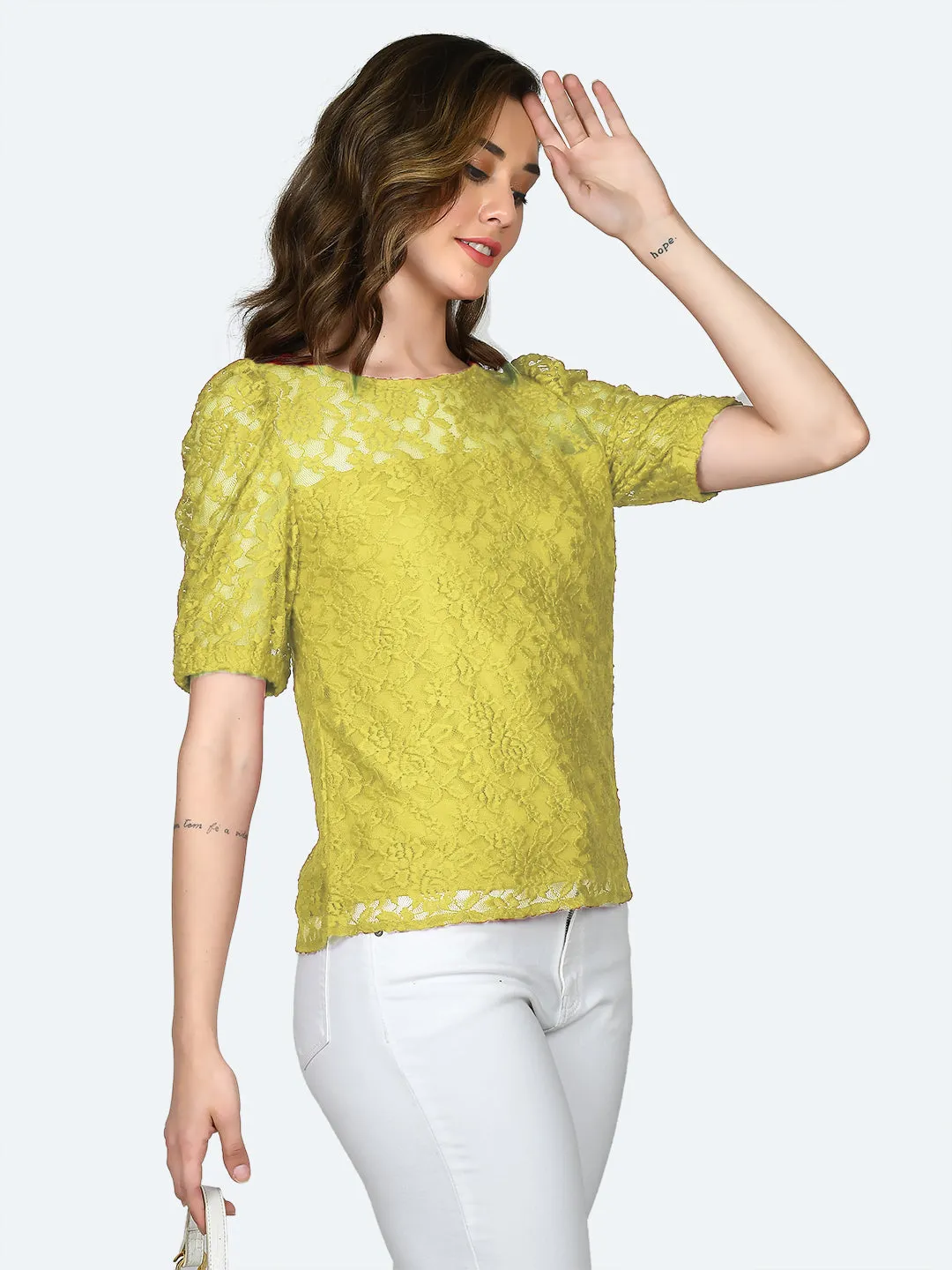 Yellow Lace Round Neck Top