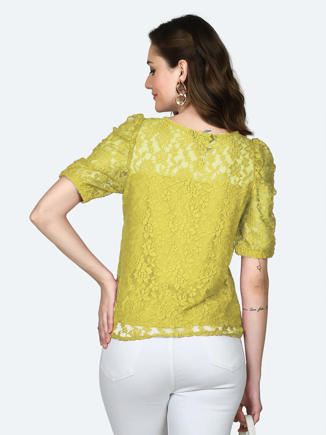 Yellow Lace Round Neck Top