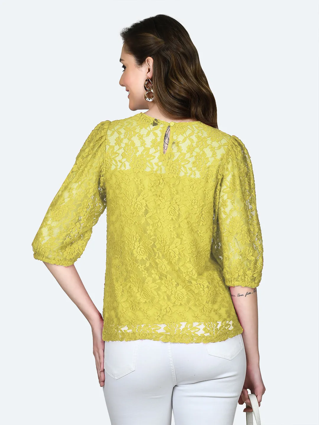 Yellow Lace Round Neck Top
