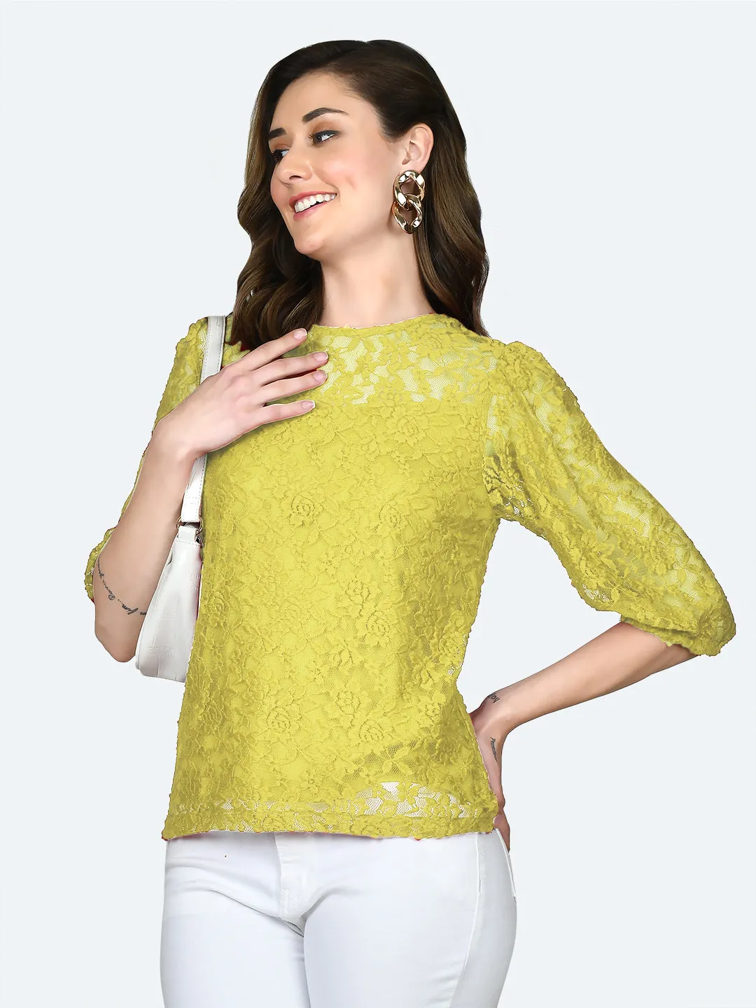 Yellow Lace Round Neck Top