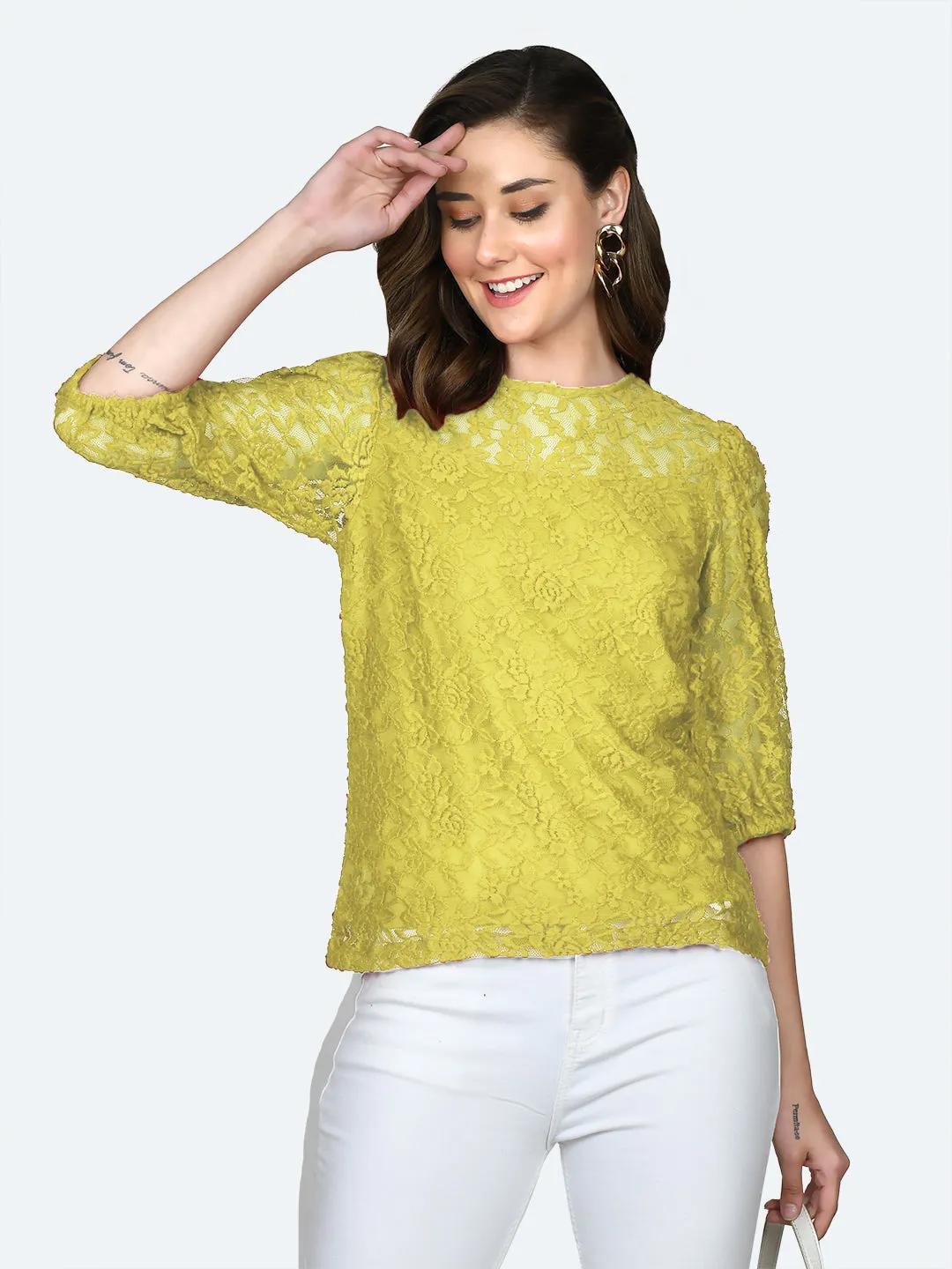 Yellow Lace Round Neck Top